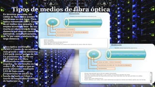 Tipos de medios de fibra óptica
En términos generales, los
cables de fibra óptica pueden
clasificarse en dos tipos: Fibra
óptica monomodo (SMF): Consta
de un núcleo muy pequeño y
emplea tecnología láser Se usa
mucho en situaciones de larga
distancia que abarcan cientos de
kilómetros, como aplicaciones
de TV por cable y telefonía de
larga distancia.
Fibra óptica multimodo
(MMF): Consta de un núcleo
más grande y utiliza emisores
LED para enviar pulsos de luz.
En particular, la luz de un
LED ingresa a la fibra
multimodo en diferentes
ángulos.. Se usa mucho en las
redes LAN, debido a que se
puede alimentar mediante
LED de bajo costo.
Proporciona un ancho de
banda de hasta 10 Gbps a
través de longitudes de enlace
de hasta 550 m.
 