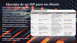 Elección de un ISP para un cliente
Existen varias soluciones WAN disponibles
para establecer conexiones entre sitios o
conexiones a Internet. Los servicios de
conexión WAN proporcionan diferentes
velocidades y niveles de servicio. Debe
comprender de qué manera se conectan los
usuarios a Internet, así como las ventajas y
desventajas de los diferentes tipos de
conexión. La elección del ISP puede tener
un efecto evidente en el servicio de red.
Deben considerarse cuatro aspectos
principales de las conexiones a Internet:
Costo
Velocidad
Confiabilidad
Disponibilidad
Averigüe los tipos de conexión que ofrecen
los ISP antes de elegir un ISP.
 