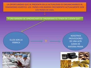 LA OPORTUNIDAD QUE SE PRESENTA EN LA ACTUALIDAD ES ENGANCHARNOS AL
DINAMISMO ASIÁTICO. LOS PAÍSES CON MAYOR CRECIMIENTO ACTUALMENTE SON
LOS PAÍSES DE ASIA.
Y UNA MANERA DE APROVECHAR ESE DINAMISMO ES TENER EN CUENTA QUE :
ELLOS SON LA
FÁBRICA
NOSOTROS
PROVEEDORES
DE UNA ALTA
GAMA DE
MATERIA PRIMA
Y
 