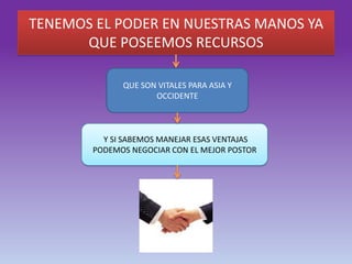 TENEMOS EL PODER EN NUESTRAS MANOS YA
QUE POSEEMOS RECURSOS
QUE SON VITALES PARA ASIA Y
OCCIDENTE
Y SI SABEMOS MANEJAR ESAS VENTAJAS
PODEMOS NEGOCIAR CON EL MEJOR POSTOR
 