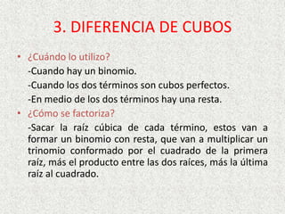 3. DIFERENCIA DE CUBOS
• ¿Cuándo lo utilizo?
-Cuando hay un binomio.
-Cuando los dos términos son cubos perfectos.
-En medio de los dos términos hay una resta.
• ¿Cómo se factoriza?
-Sacar la raíz cúbica de cada término, estos van a
formar un binomio con resta, que van a multiplicar un
trinomio conformado por el cuadrado de la primera
raíz, más el producto entre las dos raíces, más la última
raíz al cuadrado.
 