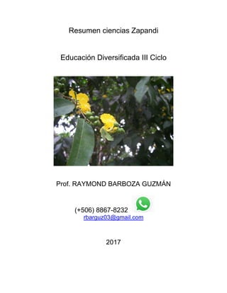 Resumen ciencias Zapandi
Educación Diversificada III Ciclo
Prof. RAYMOND BARBOZA GUZMÁN
(+506) 8867-8232
rbarguz03@gmail.com
2017
 