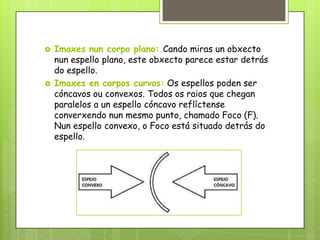 



Imaxes nun corpo plano: Cando miras un obxecto
nun espello plano, este obxecto parece estar detrás
do espello.
Imaxes en corpos curvos: Os espellos poden ser
cóncavos ou convexos. Todos os raios que chegan
paralelos a un espello cóncavo reflíctense
converxendo nun mesmo punto, chamado Foco (F).
Nun espello convexo, o Foco está situado detrás do
espello.

 