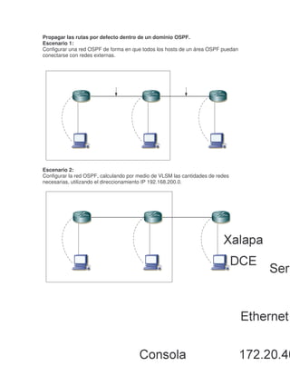 Propagar las rutas por defecto dentro de un dominio OSPF.
Escenario 1:
Configurar una red OSPF de forma en que todos los hosts de un área OSPF puedan
conectarse con redes externas.




Escenario 2:
Configurar la red OSPF, calculando por medio de VLSM las cantidades de redes
necesarias, utilizando el direccionamiento IP 192.168.200.0.
 