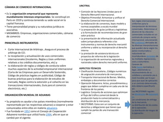 CÁMARA DE COMERCIO INTERNACIONAL
• Es la organización empresarial que representa
mundialmente intereses empresariales. Se constituyó en
París en 1919 y continúa teniendo su sede social en la
capital francesa.
• Tiene personalidad propia y su naturaleza jurídica es
asociativa.
• MIEMBROS: Empresas, organizaciones comerciales, cámaras
de comercio
PRINCIPALES INSTRUMENTOS
• Corte Internacional de Arbitraje…Asegura el proceso de
arbitraje de CCI.
• la recopilación y actualización de usos comerciales
internacionales (Incoterms, Reglas y Usos uniformes
relativos a los créditos documentarios, etc) y
• la elaboración de reglas y códigos de conducta sobre
muchos aspectos de la actividad empresarial internacional
(Carta de las Empresas para un Desarrollo Sostenido,
Código de prácticas legales en publicidad, Código de
buenas prácticas para la elaboración de estudios de
mercado, Reglas contra la extorsión y el cohecho en las
transacciones internacionales, Guía para el comercio
electrónico, etc.)
ORGANIZACIÓN MUNDIAL DE ADUANAS
• Su propósito es ayudar a los países miembros (normalmente
representado por las respectivas aduanas) a cooperar y estar
comunicados entre ellos en materia aduanera.
• Fue fundada en 1952 como el Consejo de Cooperación
Aduanera nombre que utilizó hasta 1994, año en que se
cambió por el vigente.
UNCITRAL
• Comisión de las Naciones Unidas para el
Derecho Mercantil Internacional.
• Objetivo Primordial: Armonizar y unificar el
Derecho Comercial Internacional.
• La elaboración de convenios, leyes modelo y
normas aceptables a escala mundial
• La preparación de guías jurídicas y legislativas
y la formulación de recomendaciones de gran
valor práctico
• La presentación de información actualizada
sobre jurisprudencia referente a los
instrumentos y normas de derecho mercantil
uniforme y sobre su incorporación al derecho
interno
• La prestación de asistencia técnica en
proyectos de reforma de la legislación
• La organización de seminarios regionales y
nacionales sobre derecho mercantil uniforme.
ASPECTOS TÉCNICOS
• Clasificación Arancelaria…Códigos numéricos
de asignación arancelaria de mercancías.
• Transporte Internacional de Bienes. Medios,
embalajes y documentos correctos
• Operación Aduanera: Actos, procedimientos y
pagos que deben cumplirse en cada una de las
fronteras de los países.
• Logística: Conjunto de acciones que optimizan
el flujo del tráfico comercial desde la
producción hasta la comercialización y
distribución de la mercancía.
• INCOTERMS. Estos son un conjunto de
derechos y obligaciones que tienen que
cumplir las partes de una transacción
comercial
Son reglas internacionales
uniformes para la
interpretación de términos
comerciales. Determinan el
alcance de las cláusulas
comerciales incluidas en un
contrato de compra-venta
internacional, solucionando
los problemas derivados de
las diversas interpretaciones
que pueden darse según los
países involucrados y
reduciendo las
incertidumbres derivadas de
las múltiples legislaciones,
usos y costumbres.
Carecen de
toda fuerza normativa o
legal, obteniendo su
reconocimiento de su
cotidiano y constante uso a
nivel mundial, por lo que
para que sean de aplicación
a un contrato determinado,
éste deberá especificarlo
así.
Los INCOTERMS regulan:
La distribución de document
os.
Las condiciones de entrega
de la mercancía.
La distribución de los costes
de la operación.
La distribución de riesgos de
la operación.
 