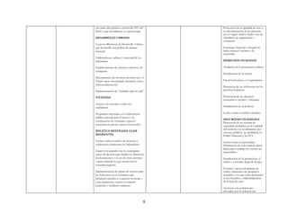 9
por parte del gobierno central del 30% del
IDH, y que actualmente es superavitario
DESARROLLO URBANO
Crear un Ministerio de Desarrollo Urbano
que desarrolle una política de alcance
nacional
Ordenamiento urbano y territorial de los
municipios
Establecimiento de sistemas colectivos de
transporte
Mejoramiento de servicios provistos por el
Estado agua, electricidad, transporte aéreo,
telecomunicaciones
Implementación de “ciudades para la vida”
VIVIENDA
Acceso a la vivienda a todos los
ciudadanos
Programas orientados a la colaboración
público-privada para el acceso y la
construcción de viviendas a precios
económicos para los menos favorecidos
POLÍTICA DESTINADA A LOS
MIGRANTES
Luchar contra el tráfico de personas y
explotación clandestina de trabajadores
Llegar a un acuerdo con los principales
países de destino para facilitar la obtención
de documentos y el uso de otros servicios
y para controlar lo que ocurre con la
sociedad migrante
Implementación de planes de retorno para
los bolivianos en el extranjero que
brindarán incentivos a quienes inviertan y
estén dispuestos a poner en marcha
pequeñas y medianas empresas
Promoción de la igualdad de trato y
no discriminación de las personas
por el origen racial o étnico con un
calendario de seguimiento y
evaluación
Estrategia Nacional e Integral de
lucha contra el racismo y la
xenofobia
DERECHOS HUMANOS
Abolición de la persecución política
Erradicación de la tortura
Fin del terrorismo y el separatismo
Protección de los defensores de los
derechos humanos
Promoción de los derechos
económicos sociales y culturales
Erradicación de la pobreza
Lucha contra el cambio climático
SEGURIDAD CIUDADANA
Promoción de un sistema de
seguridad ciudadana en la totalidad
del territorio en coordinación por
sectores públicos, la ciudadanía, la
Policía Nacional y las FFA
Lucha contra el narcotráfico.
Eliminación de toda materia prima
ilegal para combatir los carteles de
narcotráfico
Erradicación de la producción, el
tráfico y consumo ilegal de drogas
Generar y apoyar programas de
cultivo alternativo de productos
rentables y los que estén destinados
al uso benéfico e industrialización
de la hoja de coca
Atención a las poblaciones
afectadas por la violencia del
 