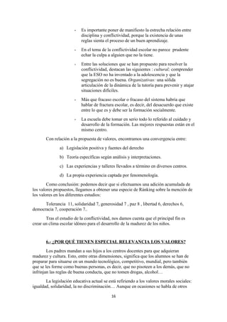 -   Es importante poner de manifiesto la estrecha relación entre
                           disciplina y conflictividad, porque la existencia de unas
                           reglas sienta el proceso de un buen aprendizaje.
                       -   En el tema de la conflictividad escolar no parece prudente
                           echar la culpa a alguien que no la tiene.
                       -   Entre las soluciones que se han propuesto para resolver la
                           conflictividad, destacan las siguientes : cultural; comprender
                           que la ESO no ha inventado a la adolescencia y que la
                           segregación no es buena. Organizativas: una sólida
                           articulación de la dinámica de la tutoría para prevenir y atajar
                           situaciones difíciles.
                       -   Más que fracaso escolar o fracaso del sistema habría que
                           hablar de fractura escolar, es decir, del desacuerdo que existe
                           entre lo que es y debe ser la formación socialmente.
                       -   La escuela debe tomar en serio todo lo referido al cuidado y
                           desarrollo de la formación. Las mejores respuestas están en el
                           mismo centro.
       Con relación a la propuesta de valores, encontramos una convergencia entre:
               a) Legislación positiva y fuentes del derecho
               b) Teoría específicas según análisis y interpretaciones.
               c) Las experiencias y talleres llevados a término en diversos centros.
               d) La propia experiencia captada por fenomenología.
        Como conclusión: podemos decir que si efectuamos una adición acumulada de
los valores propuestos, llegamos a obtener una especie de Ránking sobre la mención de
los valores en los diferentes estudios:
      Tolerancia 11, solidaridad 7, generosidad 7 , paz 8 , libertad 6, derechos 6,
democracia 7, cooperación 7..
       Tras el estudio de la conflictividad, nos damos cuenta que el principal fin es
crear un clima escolar idóneo para el desarrollo de la madurez de los niños.


       6.- ¿POR QUÉ TIENEN ESPECIAL RELEVANCIA LOS VALORES?
        Los padres mandan a sus hijos a los centros docentes para que adquieran
madurez y cultura. Esto, entre otras dimensiones, significa que los alumnos se han de
preparar para situarse en un mundo tecnológico, competitivo, mundial, pero también
que se les forme como buenas personas, es decir, que no pisoteen a los demás, que no
infrinjan las reglas de buena conducta, que no tomen drogas, alcohol…
       La legislación educativa actual se está refiriendo a los valores morales sociales:
igualdad, solidaridad, la no discriminación… Aunque en ocasiones se habla de otros

                                            16
 