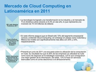 IDC Latin America
Predictions 2011
• La tecnología ha logrado una transformación en la industria, y el mercado de
TI en Am...