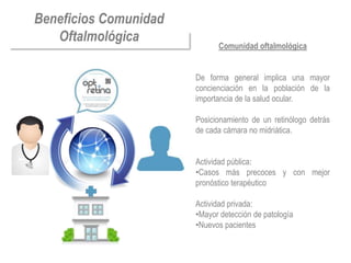 Beneficios Comunidad     Aumenta la calidad en la visita
                         Diferenciación del vendedor de gafas,
   Oftalmológica         posicionamiento como centro de salud
                         visual.Comunidad oftalmológica

                         Mantiene su independencia, no depende de
                         ningún centro externo y por tanto puede
                       De forma general implica una mayor
                         recomendar libremente.
                       concienciación ingresos, ya que puede de la
                         Nueva fuente de en la población
                       importancia de la que hasta ahora no
                         cobrar un servicio salud ocular.
                         cobraba

                       Posicionamiento de unde compra, tanto
                        Mejora de la repetitividad retinólogo detrás
                       de cadaclientes que vuelven a revisarse como
                        por los cámara no midriática.
                         el “Boca a Boca” o “Boca-Oreja”, mejorando
                         el ratio de recomendación.

                       Actividad pública:
                         Nuevos clientes gracias a los acuerdos de la
                       •Casos asociaciones de pacientescon mejor
                         red con más precoces y
                       pronóstico terapéutico
                         Mejor vínculo con la comunidad
                        oftalmológica (el óptico declara que se limita
                       Actividad privada: a un oftalmólogo)
                        al cribado, no sustituye
                       •Mayor detección de patología
                        Cumple la legalidad vigente
                       •Nuevos pacientes
 