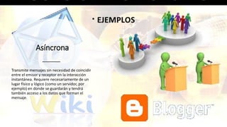 Asíncrona
Transmite mensajes sin necesidad de coincidir
entre el emisor y receptor en la interacción
instantánea. Requiere necesariamente de un
lugar físico y lógico (como un servidor, por
ejemplo) en donde se guardarán y tendrá
también acceso a los datos que forman el
mensaje.
 