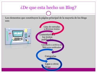 ¿De que esta hecho un Blog?
Lista de entradas
a diversos textos
Comentarios a
los textos
publicados
Calendario o archivos de
los textos publicados
Los elementos que constituyen la página principal de la mayoría de los blogs
son:
Categorías
Ligas a otros
blogs
 