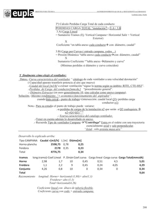 ARQUITECTURA TÉCNICA ACONDICIONAMIENTO de LOCAL a RESTAURANTE en ZARAGOZA
Leciñena López, Noelia
208
3º) Calculo Perdidas Carga Total de cada conducto
PERDIDAS CARGA TOTAL “instalación” = 3.A+ 3.B
3.A) Carga Lineal
= Sumatorio Tramos (Ej: Vertical Campana+ Horizontal Salir + Vertical
Exterior)
X
Coeficiente “en tabla anexo cada conducto con: diámetro, caudal”
3.B) Carga por Curvas ( entrada campana, codos…)
= Presión Dinámica “tabla anexo cada conducto con: diámetro, caudal”
X
Sumatorio Coeficiente “”tabla anexo diámetro y curva”
(Mínimas perdidas si diámetro y curva coinciden)
Y finalmente cómo elegir el ventilador:
Datos.- Curva caracteristica del ventilador “ cátalogo de cada ventilador a una velocidad derotación”
( Capacidad aparato trasnferir potencia al aire que mueve)
.-Caudal del local [m3/h] a extraer ventilación “sigase la norma según su ámbito: RITE, CTE-HS3”.
.-Perdidas de Carga del conductor[mmcda.] “procedimiento general”.
.- Diámetro Estractor (en aseo generalmente 10, sino calcular como anexo campana).
Solución.- Máximo rendimiento “+ economico funcionamiento del aspirador”,
cuando más cerca:.- punto de trabajo=(intersección: caudal local Q1y perdidas carga
conductor n1)
Nota.- Para su estudio el punto de trabajo puede variarse:
.-a perdidas de cargas de la instalación n2 que serán a Q2 cualequiera
n2=(Q1/Q2) (1/2)
.- Ycurva caracteristica del catalogo ventilador.
.-Tener en cuenta además lo desarrollado en anexo.
.- Recuerda Tipo de ventilador Campana ”Centrifugo” Entra en el rodete con una trayectoria
esencialmente axial y sale perpendicular.
“Axial , sólo avienta masa aire”
Desarrollo lo explicado arriba:
2 $,7$-$ * &+, ( 849
! : ; " #% ! &' $ "
6 " !% & $ "&
2 (!! ! $ &(
4 849 6 ( 7 1 4 6 - . / 0
1 & &' &% & %& $
2 & & &% & % %& ( "#
3 %& & & % $ &(
. # (
Razonamiento longitud: Horno= horizontal (1,88)+ alto(1,1)
Freidora= alto (1,1)
Total=horizontal(4,26)
Coeficiente lineal con ábaco de tubería flexible.
Coeficiente curva con codo + entrada campana.
 