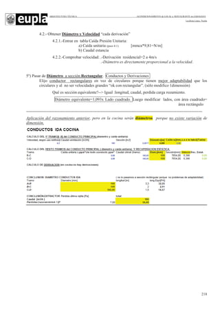 ARQUITECTURA TÉCNICA ACONDICIONAMIENTO de LOCAL a RESTAURANTE en ZARAGOZA
Leciñena López, Noelia
218
4.2.- Obtener Diámetro y Velocidad “cada derivación”
4.2.1.-Entrar en tabla Caída Presión Unitaria:
a) Caída unitaria (paso 4.1) [mmca*9,81=N/m]
b) Caudal estancia
4.2.2.-Comprobar velocidad: .-Derivación residencial=2 a 4m/s
.-Diámetro es directamente proporcional a la velocidad.
5º) Pasar de Diámetro a sección Rectangular. Conductos y Derivaciones
Elijo conductor rectangulares en vez de circulares porque tienen mejor adaptabilidad que los
circulares y al no ser velocidades grandes “ok con rectangular”. (sólo modifico 1dimensión)
Qué es sección equivalente?--> Igual :longitud, caudal, perdida carga rozamiento.
Diámetro equivalente=1,093x Lado cuadrado. Luego modificar lados, con área cuadrado=
área rectángulo
----------------------------------------------------------------------------------------------------------------------------------
Aplicación del razonamiento anterior, pero en la cocina serán diámetros porque no existe variación de
dimensión.
 