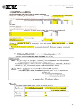 ARQUITECTURA TÉCNICA ACONDICIONAMIENTO de LOCAL a RESTAURANTE en ZARAGOZA
Leciñena López, Noelia
219
.-Conductor extracción de 33dB de aislamiento. “acero galvanizado aislado interiormente con espuma
elastomérica”
.- Paso a través de elementos constructivos “sistema anti vibratorio”: abrazadera, manguito, sustentación
elástica.
IV).- CÁLCULO ASPIRADORES, y prestaciones: Filtro y Silenciador aspirador.
*Extractores mecánicos conectado con el alumbrado de la cocina.
*Cómo Calcular,
Datos.- Curva caracteristica del ventilador “ cátalogo de cada ventilador a una velocidad de rotación”
( Capacidad aparato trasnferir potencia al aire que mueve)
.-Caudal del local [m3/h] a extraer ventilación “sigase norma según su ámbito: RITE, CTE-HS3”.
.-Perdidas de Carga del conductor[mmcda.] “procedimiento general anterior”.
Solución.- Máximo rendimiento “+ economico funcionamiento del aspirador”,
cuando más cerca:.- punto de trabajo=(intersección: caudal local Q1y perdidas carga
conductor n1)
Nota.- para su estudio el punto de trabajo puede
variarse a perdidas de cargas de la instalación n2
que serán a Q2 cualequiera n2=(Q1/Q2)(1/2)
.- y curva caracteristica del catalogo ventilador.
*Ejecución,
.-Caudal para cada extractor (fuente aclarada en apartado inicial)
Tipo Extractor Caudal(Calculado Apartado I) Perdidas (Razonamiento en apartado
III)Conducto , punto4.1)
Admisión 180 49
Extracción 180 119
 