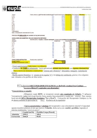 ARQUITECTURA TÉCNICA ACONDICIONAMIENTO de LOCAL a RESTAURANTE en ZARAGOZA
Leciñena López, Noelia
223
.-Versé superiormente, cada tramo y su diámetro.
.-Conductor de 33dB de aislamiento. “acero galvanizado aislado interiormente con espuma elastomérica”
.- Paso a través de elementos constructivos “sistema anti vibratorio”: abrazadera, manguito, sustentación
elástica.
.-Rejilla soporte Domótica se cruzara en la esquina ”n” e irá debajo de ventilación, gracias a los colgantes
más distantes a los perfiles de falso techo..
IV).- CÁLCULO RECUPERADOR ENTALPICO con ByPASS (realiza Free-Cooling)
“Incorpora filtros F7, aspirador con silenciador”
*Características a cumplir:
.-Obligatorio según RITE, se recuperará energía aire expulsado si> 0,5m3/s. Y aplíquese
%recuperación (tabla 2.4.5.1) en función: horas anuales funcionamiento y caudal aire exterior. Para nuestro
local será del 50% ( Recuperador Entálpico ”Ter y H.rel”). Colocación del Recuperador Entálpico (a fin
de ahorro consumo al aprovechar la Ter y H.relativa de la expulsión).
.- Curva caracteristica “ cátalogo del recuperador a una velocidad de rotación”( Capacidad
aparato trasnferir potencia al aire que mueve). Coincida dicha curva con: caudal y perdidas, logrando el
máximo rendimiento.”versé en anexo”.
Caudal [m3/h] Perdida Carga [Pascal]
Admisión 2995,2 109,4
Extracción 2666,8 85,82
 