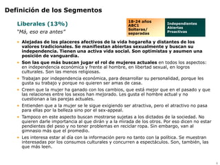 Definición de los Segmentos
                                                       18-24 años
   Liberales (13%)                                     ABC1
                                                                         Independientes
                                                                         Abiertas
                                                       Solteras/
   “Má, eso era antes”                                 separadas         Proactivas


   • Alejadas de los placeres afectivos de la vida hogareña y distantes de los
     valores tradicionales. Se manifiestan abiertas sexualmente y buscan su
     independencia. Tienen una activa vida social. Son optimistas y asumen una
     posición de vanguardia.
   • Son las que más buscan jugar el rol de mujeres actuales en todos los aspectos:
     en independencia económica y frente al hombre, en libertad sexual, en logros
     culturales. Son las menos religiosas.
   • Trabajan por independencia económica, para desarrollar su personalidad, porque les
     gusta su trabajo y porque no quieren ser amas de casa.
   • Creen que la mujer ha ganado con los cambios, que está mejor que en el pasado y que
     las relaciones entre los sexos han mejorado. Les gusta el hombre actual y no
     cuestionan a las parejas actuales.
   • Entienden que a la mujer se le sigue exigiendo ser atractiva, pero el atractivo no pasa
     para ellas por la belleza sino por el sex-appeal.
   • Tampoco en este aspecto buscan mostrarse sujetas a los dictados de la sociedad. No
     quieren darle importancia al que dirán y a la mirada de los otros. Por eso dicen no estar
     pendientes del peso y no tener problemas en reciclar ropa. Sin embargo, van al
     gimnasio más que el promedio.
   • Les interesa estar al día con la información pero no tanto con la política. Se muestran
     interesadas por los consumos culturales y concurren a espectáculos. Son, también, las
     que más leen.


                                                                                                 4
 