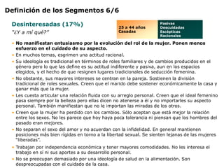 Definición de los Segmentos 6/6

 Desinteresadas (17%)                             25 a 44 años
                                                                     Pasivas
                                                                     Descuidadas
 “¿Y a mí qué?”                                   Casadas            Escépticas
                                                                     Racionales

 • No manifiestan entusiasmo por la evolución del rol de la mujer. Ponen menos
   esfuerzo en el cuidado de su aspecto.
 • En muchos temas, esgrimen una actitud racional.
 • Su ideología es tradicional en términos de roles familiares y de cambios producidos en el
   género pero lo que las define es su actitud indiferente y pasiva, aun en los espacios
   elegidos, y el hecho de que resignen lugares tradicionales de seducción femenina.
 • No obstante, sus mayores intereses se centran en la pareja. Sostienen la división
   tradicional de roles sexuales. Creen que el marido debe sostener económicamente la casa y
   ganar más que la mujer.
 • Les cuesta articular una relación fluida con su arreglo personal. Creen que el ideal femenino
   pasa siempre por la belleza pero ellas dicen no atenerse a él y no importarles su aspecto
   personal. También manifiestan que no le importan las miradas de los otros.
 • Creen que la mujer ha perdido con los cambios. Sólo aceptan que está mejor la relación
   entre los sexos. No les parece que hoy haya poca tolerancia ni piensan que los hombres del
   pasado eran mejores.
 • No separan el sexo del amor y no acuerdan con la infidelidad. En general mantienen
   posiciones más bien rígidas en torno a la libertad sexual. Se sienten lejanas de las mujeres
   “liberadas”.
 • Trabajan por independencia económica y tener mayores comodidades. No les interesa el
   trabajo en sí ni sus aportes a su desarrollo personal.
 • No se preocupan demasiado por una ideología de salud en la alimentación. Son
   despreocupadas con el cuidado de la casa.
 