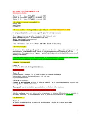 AEC –UADE – 1ER CUATRIMESTRE 2010
Relación entre planillas

Original Bc 06-------datos 2006 y 2005 en moneda 2006
Original Bc 07-------datos 2006 y 2007 en moneda 2007
Original Bc 08-------datos 2007 y 2008 en moneda 2008

1-Se indexan -------todo en moneda 2008 -----
Bce 06- Index
Bce 07-Index
Bce 08-Index

2-Se pasan los datos a planilla global balance (los del punto 1-VALORES INDEXADOS AL 2008)

Se completan los cálculos auxiliares (en la planilla global de balance), separando:

Otros ingresos (Intereses ganados + Resultado (+) de vta bien de uso)
Otros egresos (Resultado (-) de venta bien de uso+Otros)
Gastos financieros (Intereses perdidos)
Rei + Resultado x tenencia

Todos estos datos se sacan de los balances indexados (Estado de Resultados).

3-Reordenamiento E-R

Se toman los datos de la planilla global de balances, en el orden y agrupación que figuran en este
reordenamiento. Sirve para luego poder calcular los índices referenciando directamente con esta hoja.
Los conceptos otros egresos, otros ingresos y gastos financieros, se toman de los cálculos auxiliares de la
planilla global balances.

CONTROL: Para saber que no nos olvidamos nada en el reordenamiento, controlar que la utilidad neta del
reordenamiento sea igual que el resultado neto de los respectivos balances indexados.

4-Situación Financiera de CP

Cuadro A:
Se toman los datos de la planilla global de balances

Cuadro B: no hacer

Cuadro C:
Liquidez corriente = solvencia a cp, se toman los datos del cuadro A de esta hoja.
Liquidez ácida= se toman los datos del cuadro A de esta hoja.
Liquidez inmediata = idem

Estudio de la circulación
Estudios de las rotaciones: se toman los datos del cuadro A y de los cálculos auxiliares que figuran al final
de la hoja. Se ven TODOS estos índices.

Ciclo operativo: se toman los datos que se calcularon en el estudio de las rotaciones.

Ciclo operativo aproximado, neto aproximado y liquidez teórica: no hacer

Cálculos auxiliares: sirven para determinar las compras, para los datos del 2005, se buscan en bce index 06
(en valores indexados). Les copié las fórmulas de dif. De inventario para el cálculo de las COMPRAS.

5-Sit. Financiera LP

Cuadro A:
Se pueden tomar los datos que ya tenemos en la Sit Fin de CP, y el resto de la Planilla Global bces.

Cuadro B: No hacer



                                                                                                           1
 