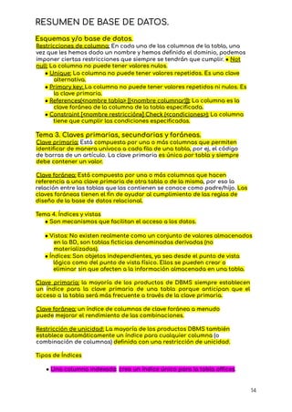 RESUMEN DE BASE DE DATOS.
Esquemas y/o base de datos.
Restricciones de columna: En cada una de las columnas de la tabla, una
vez que les hemos dado un nombre y hemos definido el dominio, podemos
imponer ciertas restricciones que siempre se tendrán que cumplir. ● Not
null: La columna no puede tener valores nulos.
● Unique: La columna no puede tener valores repetidos. Es una clave
alternativa.
● Primary key: La columna no puede tener valores repetidos ni nulos. Es
la clave primaria.
● References(<nombre tabIa> [(<nombre columnar)]): La columna es la
clave foránea de la columna de la tabla especificada.
● Constraint [<nombre restricción»] Check (<condiciones>): La columna
tiene que cumplir las condiciones especificadas.
Tema 3. Claves primarias, secundarias y foráneas.
Clave primaria: Está compuesta por una o más columnas que permiten
identificar de manera unívoca a cada fila de una tabla, por ej, el código
de barras de un artículo. La clave primaria es única por tabla y siempre
debe contener un valor.
Clave foránea: Está compuesta por una o más columnas que hacen
referencia a una clave primaria de otra tabla o de la misma, por eso la
relación entre las tablas que las contienen se conoce como padre/hijo. Las
claves foráneas tienen el fin de ayudar al cumplimiento de las reglas de
diseño de la base de datos relacional.
Tema 4. Índices y vistas
● Son mecanismos que facilitan el acceso a los datos.
● Vistas: No existen realmente como un conjunto de valores almacenados
en la BD, son tablas ficticias denominadas derivadas (no
materializadas).
● Índices: Son objetos independientes, ya sea desde el punto de vista
lógico como del punto de vista físico. Ellos se pueden crear o
eliminar sin que afecten a la información almacenada en una tabla.
Clave primaria: la mayoría de los productos de DBMS siempre establecen
un índice para la clave primaria de una tabla porque anticipan que el
acceso a la tabla será más frecuente a través de la clave primaria.
Clave forânea: un índice de columnas de clave foránea a menudo
puede mejorar el rendimiento de las combinaciones.
Restricción de unicidad: La mayoría de los productos DBMS también
establece automáticamente un índice para cualquier columna (o
combinación de columnas) definida con una restricción de unicidad.
Tipos de Índices
● Una columna indexada: crea un índice único para la tabla offices.
14
 
