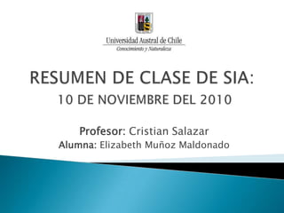 RESUMEN DE CLASE DE SIA:10 DE NOVIEMBRE DEL 2010 Profesor: Cristian Salazar Alumna: Elizabeth Muñoz Maldonado 