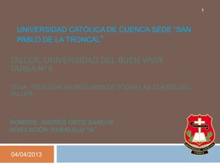 1



 UNIVERSIDAD CATÓLICA DE CUENCA SEDE “SAN
 PABLO DE LA TRONCAL”

TALLER: UNIVERSIDAD DEL BUEN VIVIR
TAREA Nº 5

TEMA: “REALIZAR UN RESUMEN DE TODAS LAS CLASES DEL
TALLER.



NOMBRE: ANDRES ORTIZ SANCHE
NIVELACIÓN: PARALELO “A”



04/04/2013
 