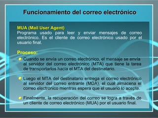 Funcionamiento del correo electrónico

MUA (Mail User Agent)
Programa usado para leer y enviar mensajes de correo
electrónico. Es el cliente de correo electrónico usado por el
usuario final.

Proceso:
   Cuando se envía un correo electrónico, el mensaje se envía
   al servidor del correo electrónico (MTA) que tiene la tarea
   de transportarlos hacia el MTA del destinatario.

   Luego el MTA del destinatario entrega el correo electrónico
   al servidor del correo entrante (MDA), el cual almacena el
   correo electrónico mientras espera que el usuario lo acepte.

   Finalmente, la recuperación del correo se logra a través de
   un cliente de correo electrónico (MUA) por el usuario final.
 