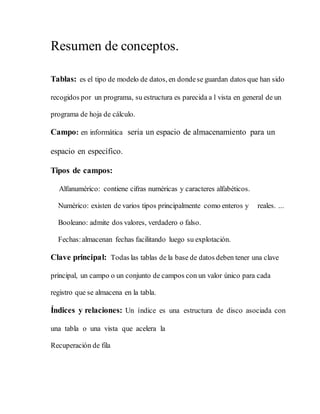 Resumen de conceptos.
Tablas: es el tipo de modelo de datos, en dondese guardan datos que han sido
recogidos por un programa, su estructura es parecida a l vista en general de un
programa de hoja de cálculo.
Campo: en informática seria un espacio de almacenamiento para un
espacio en específico.
Tipos de campos:
Alfanumérico: contiene cifras numéricas y caracteres alfabéticos.
Numérico: existen de varios tipos principalmente como enteros y reales. ...
Booleano: admite dos valores, verdadero o falso.
Fechas:almacenan fechas facilitando luego su explotación.
Clave principal: Todas las tablas de la base de datos deben tener una clave
principal, un campo o un conjunto de campos con un valor único para cada
registro que se almacena en la tabla.
Índices y relaciones: Un índice es una estructura de disco asociada con
una tabla o una vista que acelera la
Recuperación de fila
 