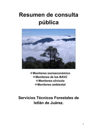Resumen de consulta
     pública




       Monitoreo socioeconómico
         Monitoreo de los BAVC
           Monitoreo silvícola
          Monitoreo ambiental



Servicios Técnicos Forestales de
        Ixtlán de Juárez.




                                   1
 