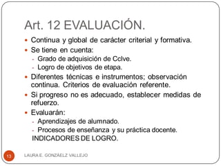 Art. 12 EVALUACIÓN.
 Continua y global de carácter criterial y formativa.
 Se tiene en cuenta:
- Grado de adquisición de Cclve.
- Logro de objetivos de etapa.
 Diferentes técnicas e instrumentos; observación
continua. Criterios de evaluación referente.
 Si progreso no es adecuado, establecer medidas de
refuerzo.
 Evaluarán:
- Aprendizajes de alumnado.
- Procesos de enseñanza y su práctica docente.
INDICADORES DE LOGRO.
LAURA E. GONZÁELZ VALLEJO13
 