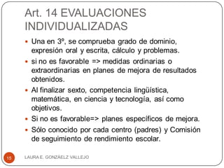 Art. 14 EVALUACIONES
INDIVIDUALIZADAS
 Una en 3º, se comprueba grado de dominio,
expresión oral y escrita, cálculo y problemas.
 si no es favorable => medidas ordinarias o
extraordinarias en planes de mejora de resultados
obtenidos.
 Al finalizar sexto, competencia lingüística,
matemática, en ciencia y tecnología, así como
objetivos.
 Si no es favorable=> planes específicos de mejora.
 Sólo conocido por cada centro (padres) y Comisión
de seguimiento de rendimiento escolar.
LAURA E. GONZÁELZ VALLEJO15
 