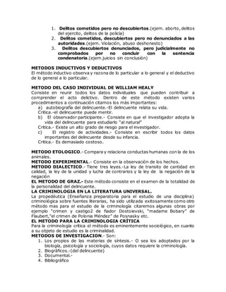 1. Delitos cometidos pero no descubiertos.(ejem. aborto, delitos
del ejercito, delitos de la policía)
2. Delitos cometidos, descubiertos pero no denunciados a las
autoridades.(ejem. Violación, abuso deshonesto)
3. Delitos descubiertos denunciados, pero judicialmente no
comprobados por no concluir con la sentencia
condenatoria.(ejem.juicios sin conclusión)
METODOS INDUCTIVOS Y DEDUCTIVOS
El método inductivo observa y razona de lo particular a lo general y el deductivo
de lo general a lo particular.
METODO DEL CASO INDIVIDUAL DE WILLIAM HEALY
Consiste en reunir todos los datos individuales que pueden contribuir a
comprender el acto delictivo. Dentro de este método existen varios
procedimientos a continuación citamos los más importantes:
a) autobiografía del delincuente.-El delincuente relata su vida.
Critica.-el delincuente puede mentir.
b) El observador participante.- Consiste en que el investigador adopta la
vida del delincuente para estudiarlo “al natural”
Critica.- Existe un alto grado de riesgo para el investigador.
c) El registro de actividades.- Consiste en escribir todos los datos
importantes del delincuente desde su infancia.
Critica.- Es demasiado costoso.
METODO ETOLOGICO.- Compara y relaciona conductas humanas con la de los
animales.
METODO EXPERIMENTAL.- Consiste en la observación de los hechos.
METODO DIALECTICO.- Tiene tres leyes.-La ley de transito de cantidad en
calidad, la ley de la unidad y lucha de contrarios y la ley de la negación de la
negación
EL METODO DE GRAZ.- Este método consiste en el examen de la totalidad de
la personalidad del delincuente.
LA CRIMINOLOGIA EN LA LITERATURA UNIVERSAL.
La propedéutica (Enseñanza preparatoria para el estudio de una disciplina)
criminológica sobre fuentes literarias, ha sido utilizada exitosamente como otro
método mas para el estudio de la criminología citaremos algunas obras por
ejemplo “crimen y castigo2 de fiador Dostoievski, “madame Bobary” de
Flaubert,”el crimen de Polonia Méndez” de Posnasky etc.
EL METODO PARA LA CRIMINOLOGIA CRÍTICA
Para la criminología crítica el método es eminentemente sociológico, en cuanto
a su objeto de estudio es la criminalidad.
METODOS DE INVESTIGACION.- Son:
1. Los propios de las materias de síntesis.- O sea los adoptados por la
biología, psicología y sociología, cuyos datos requiere la criminología.
2. Biográficos.-(del delincuente)
3. Documental.-
4. Bibliográfico
 