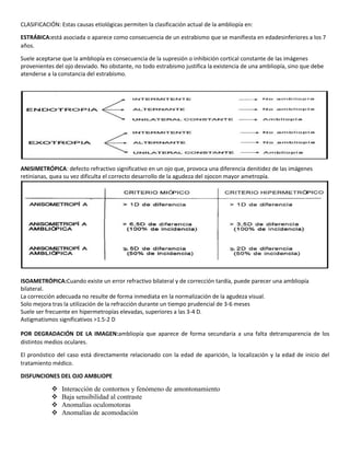 CLASIFICACIÓN: Estas causas etiológicas permiten la clasificación actual de la ambliopía en:
ESTRÁBICA:está asociada o aparece como consecuencia de un estrabismo que se manifiesta en edadesinferiores a los 7
años.
Suele aceptarse que la ambliopía es consecuencia de la supresión o inhibición cortical constante de las imágenes
provenientes del ojo desviado. No obstante, no todo estrabismo justifica la existencia de una ambliopía, sino que debe
atenderse a la constancia del estrabismo.
ANISIMETRÓPICA: defecto refractivo significativo en un ojo que, provoca una diferencia denitidez de las imágenes
retinianas, quea su vez dificulta el correcto desarrollo de la agudeza del ojocon mayor ametropía.
ISOAMETRÓPICA:Cuando existe un error refractivo bilateral y de corrección tardía, puede parecer una ambliopía
bilateral.
La corrección adecuada no resulte de forma inmediata en la normalización de la agudeza visual.
Solo mejora tras la utilización de la refracción durante un tiempo prudencial de 3-6 meses
Suele ser frecuente en hipermetropías elevadas, superiores a las 3-4 D.
Astigmatismos significativos >1.5-2 D
POR DEGRADACIÓN DE LA IMAGEN:ambliopía que aparece de forma secundaria a una falta detransparencia de los
distintos medios oculares.
El pronóstico del caso está directamente relacionado con la edad de aparición, la localización y la edad de inicio del
tratamiento médico.
DISFUNCIONES DEL OJO AMBLIOPE
 Interacción de contornos y fenómeno de amontonamiento
 Baja sensibilidad al contraste
 Anomalías oculomotoras
 Anomalías de acomodación
 