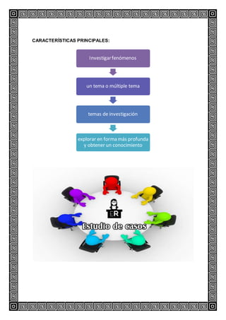 CARACTERÍSTICAS PRINCIPALES:
Investigarfenómenos
un tema o múltiple tema
temas de investigación
explorar en forma más profunda
y obtener un conocimiento
 