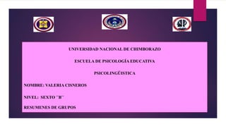 UNIVERSIDAD NACIONAL DE CHIMBORAZO
ESCUELA DE PSICOLOGÍA EDUCATIVA
PSICOLINGÜISTICA
NOMBRE: VALERIA CISNEROS
NIVEL: SEXTO ´´B´´
RESUMENES DE GRUPOS
 