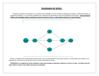 DIAGRAMA DE REDES.

      Cuando el proyecto se ha divido en un conjunto de actividades y se han creado los paquetes de trabajo, se debe desarrollar un
  programa preliminar. Y, es necesario establecer las relaciones de precedencia entre las actividades del proyecto. Estas relaciones
  indican qué actividades deben completarse antes de comenzar otras, y cuáles deben ejecutarse al mismo tiempo.




                                                                     B



                         Inicio            A                         C                     E            Fin



                                                                     D



   Elaborar un diagrama de red del proyecto puede ayudar a que los administradores del proyecto separen y comprendan estas relaciones. Los
diagramas de red constan de una serie de círculos o nodos conectados por flechas.

  DEFINICIÓN: En un diagrama de red de actividad en nodo cada actividad se representa mediante un círculo o un nodo. Las flechas entre los
nodos indican el orden en que deben ejecutarse las actividades.
 