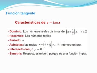 Función tangente
Características de 𝒚 = tan 𝒙
 