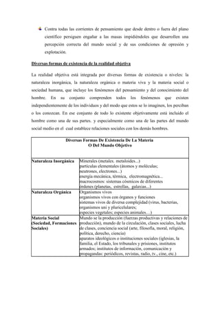 Contra todas las corrientes de pensamiento que desde dentro o fuera del plano
científico persiguen engañar a las masas impidiéndoles que desarrollen una
percepción correcta del mundo social y de sus condiciones de opresión y
explotación.
Diversas formas de existencia de la realidad objetiva
La realidad objetiva está integrada por diversas formas de existencia o niveles: la
naturaleza inorgánica, la naturaleza orgánica o materia viva y la materia social o
sociedad humana, que incluye los fenómenos del pensamiento y del conocimiento del
hombre. En su conjunto comprenden todos los fenómenos que existen
independientemente de los individuos y del modo que estos se lo imaginen, los perciban
o los conozcan. En ese conjunto de todo lo existente objetivamente está incluido el
hombre como una de sus partes٫ y especialmente como una de las partes del mundo
social medio en el cual establece relaciones sociales con los demás hombres.
Diversas Formas De Existencia De La Materia
O Del Mundo Objetivo
Naturaleza Inorgánica Minerales (metales٫ metaloides...)
partículas elementales (átomos y moléculas;
neutrones, electrones...)
energía mecánica, térmica, electromagnética...
macrocosmos: sistemas cósmicos de diferentes
órdenes (planetas, estrellas, galaxias...)
Naturaleza Orgánica Organismos vivos
organismos vivos con órganos y funciones
sistemas vivos de diversa complejidad (virus, bacterias,
organismos uni y pluricelulares;
especies vegetales; especies animales…)
Materia Social
(Sociedad, Formaciones
Sociales)
Mundo se la producción (fuerzas productivas y relaciones de
producción), mundo de la circulación, clases sociales, lucha
de clases, conciencia social (arte, filosofía, moral, religión,
política, derecho, ciencia)
aparatos ideológicos o instituciones sociales (iglesias, la
familia, el Estado, los tribunales y prisiones, institutos
armados; institutos de información, comunicación y
propagandas: periódicos, revistas, radio, tv., cine, etc.)
 