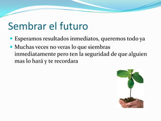 Sembrar el futuroEsperamos resultados inmediatos, queremos todo yaMuchas veces no veras lo que siembras  inmediatamente pero ten la seguridad de que alguien mas lo hará y te recordara