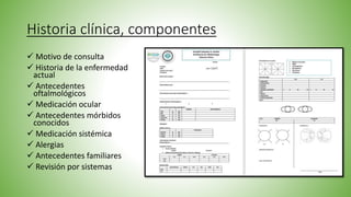 Historia clínica, componentes
 Motivo de consulta
 Historia de la enfermedad
actual
 Antecedentes
oftalmológicos
 Medicación ocular
 Antecedentes mórbidos
conocidos
 Medicación sistémica
 Alergias
 Antecedentes familiares
 Revisión por sistemas
 