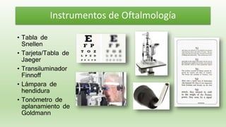 • Tabla de
Snellen
• Tarjeta/Tabla de
Jaeger
• Transiluminador
Finnoff
• Lámpara de
hendidura
• Tonómetro de
aplanamiento de
Goldmann
Instrumentos de Oftalmología
 