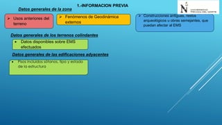 Datos generales de la zona
 Usos anteriores del
terreno
 Fenómenos de Geodinámica
externos
 Construcciones antiguas, restos
arqueológicos u obras semejantes, que
puedan afectar al EMS
Datos generales de los terrenos colindantes
 Datos disponibles sobre EMS
efectuados
Datos generales de las edificaciones adyacentes
 Pisos incluidos sótanos, tipo y estado
de la estructura
1.-INFORMACION PREVIA
 