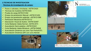 2.TECNICAS DE INVESTIGACION
Técnicas de investigación de campo:
 Pozos o calicatas y trincheras –ASTM D420
 Técnicas de muestreo-ASTM D420
 Prueba de carga-ASTM D1452
 Ensayo de penetración Manual –ASTM D1452
 Ensayo de penetración estándar –ASTM D1586
 Perforación Mecánica-ASTM D2113
 Descripción Visual de Suelos –ASTM D2487
 Corte Mediante Veleta Normal –ASTM 2573
 Auscultación Semi-estatica –ASTM D3441
 Corte Mediante Veleta Miniatura –ASTM D4648
 Auscultación Dinámica con cono Tipo Peck(ACP)
 Auscultación Dinámica (DP) con cono Alemán
 