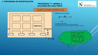 PROFUDIDAD “P” MINIMA A
ALCANZAR EN CADA PUNTO
PRIMER PISO
Df
zDp f 
Edificación sin sótano
Z = 1.5B
Donde
Df= distancia vertical desde
la superficie del terreno hasta el fondo de la cimentación.
Z= 1,5 B; siendo B el ancho de la cimentación prevista de mayor área.
En ningún caso p será menor
de 3m, excepto si se
encontrase roca antes de
alcanzar la profundidad p, en
cuyo caso el PR deberá
llevar a cabo una
verificación de su calidad
por un método adecuado.
CIMENTACIONES SUPERFICIALES
3.-PROGRAMA DE INVESTIGACION
 