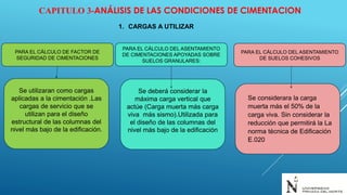 CAPITULO 3-ANÁLISIS DE LAS CONDICIONES DE CIMENTACION
1. CARGAS A UTILIZAR
PARA EL CÁLCULO DE FACTOR DE
SEGURIDAD DE CIMENTACIONES
Se utilizaran como cargas
aplicadas a la cimentación .Las
cargas de servicio que se
utilizan para el diseño
estructural de las columnas del
nivel más bajo de la edificación.
Se deberá considerar la
máxima carga vertical que
actúe (Carga muerta más carga
viva más sismo).Utilizada para
el diseño de las columnas del
nivel más bajo de la edificación
PARA EL CÁLCULO DEL ASENTAMIENTO
DE CIMENTACIONES APOYADAS SOBRE
SUELOS GRANULARES:
PARA EL CÁLCULO DEL ASENTAMIENTO
DE SUELOS COHESIVOS
Se considerara la carga
muerta más el 50% de la
carga viva. Sin considerar la
reducción que permitirá la La
norma técnica de Edificación
E.020
 