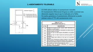 2.-ASENTAMIENTO TOLERABLE
El EMS deberá indicar el asentamiento tolerable
El Asentamiento Diferencial (Figura) no debe ocasionar una
distorsión angular mayor que la indicada en la Tabla.
En suelos granulares el asentamiento diferencial se puede
estimar como el 75% del asentamiento total.
 