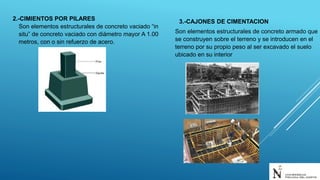 2.-CIMIENTOS POR PILARES
Son elementos estructurales de concreto vaciado “in
situ” de concreto vaciado con diámetro mayor A 1.00
metros, con o sin refuerzo de acero.
3.-CAJONES DE CIMENTACION
Son elementos estructurales de concreto armado que
se construyen sobre el terreno y se introducen en el
terreno por su propio peso al ser excavado el suelo
ubicado en su interior
 