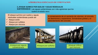 2,.ATAQUE QUIMICO POR SUELOS Y AGUAS RESIDUALES
SUBTERRANEAS
6.PROBLEMAS ESPECIALES DE CIMENTACION
El ataque químico por suelos y aguas
residuales subterráneas puede ser
 Ataque acido
 Ataque por sulfatos
 Ataque por cloruros
Las aguas subterráneas son más agresivas que los
suelos al estado seco.
A consecuencia de un aumento de volumen, el concreto
se desmorona y expansiona formándose grietas y el
ablandamiento del concreto.
Ataque critico
por cloruros
Ataque por aguas
subterráneas
Ataque por sulfatos
 