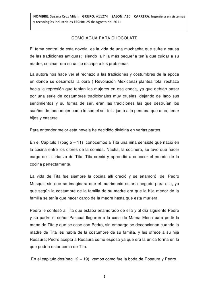 Como Agua Para Chocolate Résumé Par Chapitre