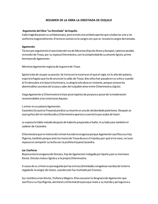 Resumen de la obra la orestiada de esquilo Resumen de la obra la orestiada de esquilo