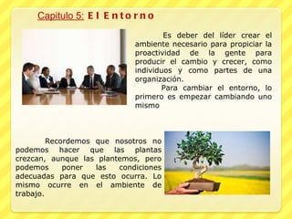 Capitulo 5:  El Entorno Es deber del líder crear el ambiente necesario para propiciar la proactividad de la gente para producir el cambio y crecer, como individuos y como partes de una organización. Para cambiar el entorno, lo primero es empezar cambiando uno mismo Recordemos que nosotros no podemos hacer que las plantas crezcan, aunque las plantemos, pero podemos poner las condiciones adecuadas para que esto ocurra. Lo mismo ocurre en el ambiente de trabajo. 